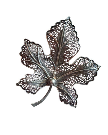 Antique 800 Silver Filigree art deco maple  Leaf Brooch