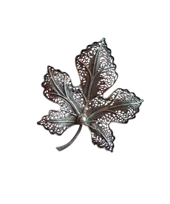 Antique 800 Silver Filigree art deco maple  Leaf Brooch