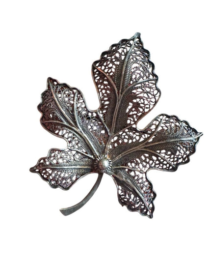 Antique 800 Silver Filigree art deco maple  Leaf Brooch