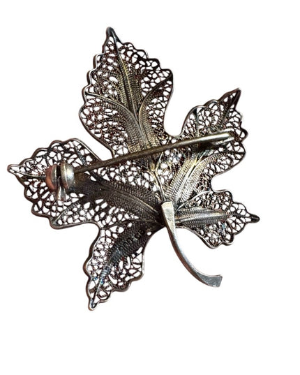 Antique 800 Silver Filigree art deco maple  Leaf Brooch