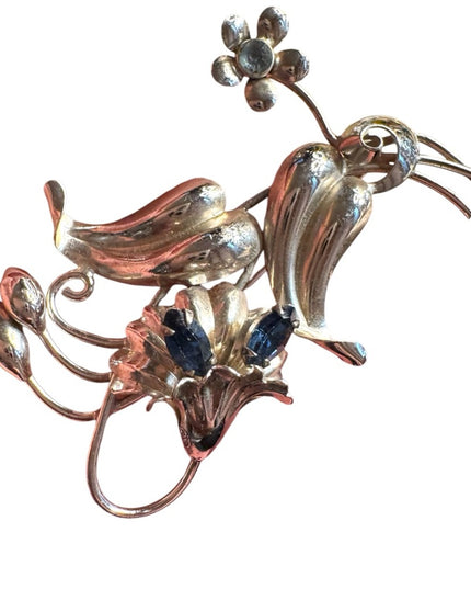 Vintage sterling silver 925 Boyd Bond Floral Brooch Blue crystal rhinestones