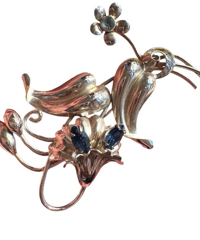 Vintage sterling silver 925 Boyd Bond Floral Brooch Blue crystal rhinestones