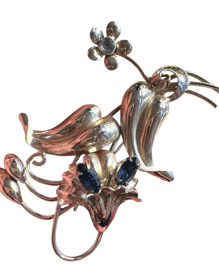 Vintage sterling silver 925 Boyd Bond Floral Brooch Blue crystal rhinestones