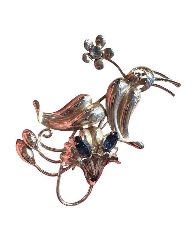 Vintage sterling silver 925 Boyd Bond Floral Brooch Blue crystal rhinestones