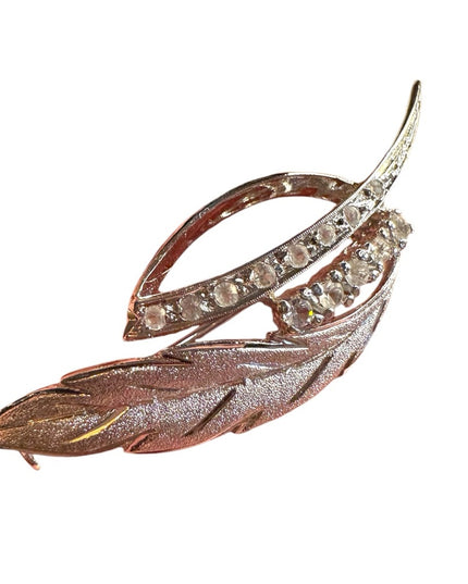 Elegant Sterling Silver 925 Leaf Brooch with Crystal rhinestones