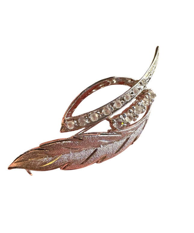 Elegant Sterling Silver 925 Leaf Brooch with Crystal rhinestones
