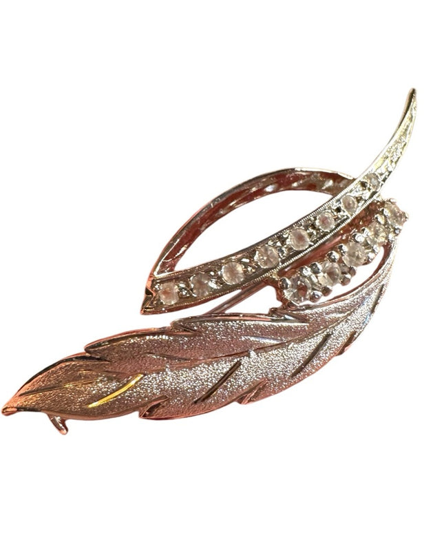 Elegant Sterling Silver 925 Leaf Brooch with Crystal rhinestones