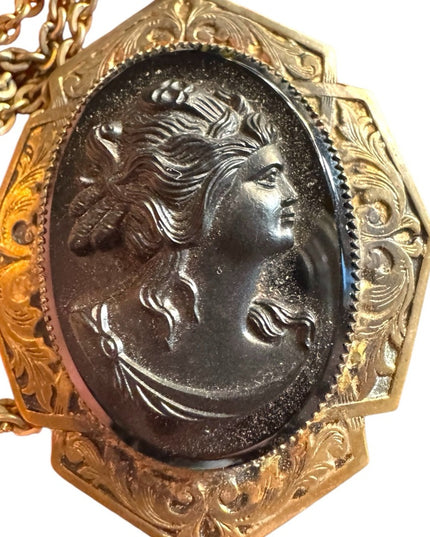 Vintage Gold and Black glass mourning Cameo Pendant Necklace