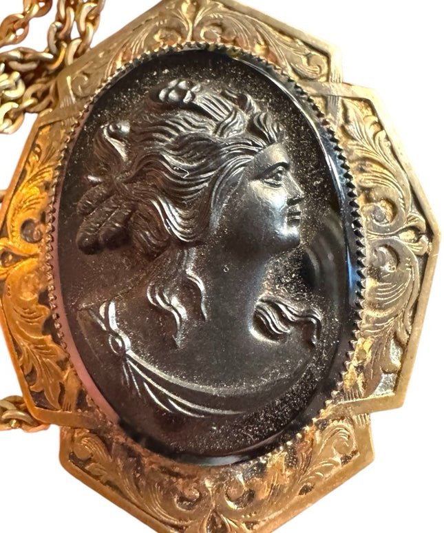 Vintage Gold and Black glass mourning Cameo Pendant Necklace