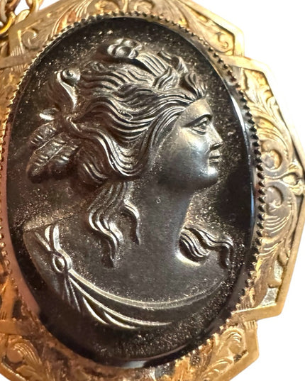 Vintage Gold and Black glass mourning Cameo Pendant Necklace