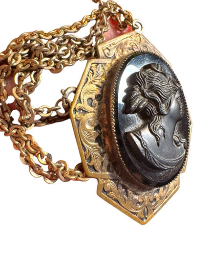 Vintage Gold and Black glass mourning Cameo Pendant Necklace