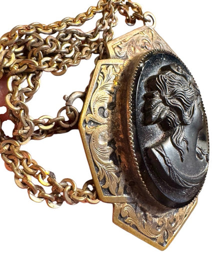 Vintage Gold and Black glass mourning Cameo Pendant Necklace