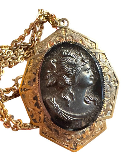 Vintage Gold and Black glass mourning Cameo Pendant Necklace