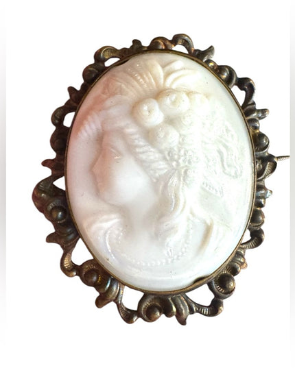 ANTIQUE SILVER MILK GLASS CLEAR STONE CAMEO Brooch