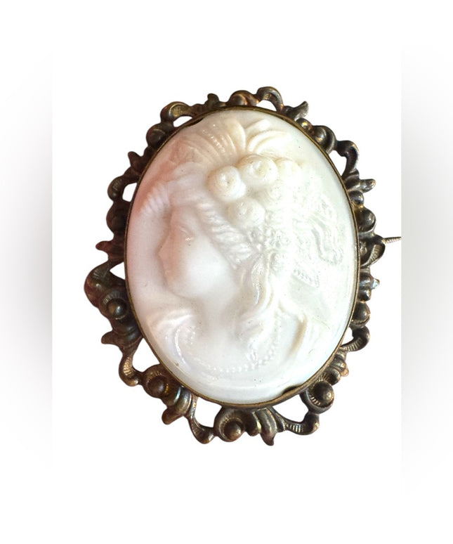 ANTIQUE SILVER MILK GLASS CLEAR STONE CAMEO Brooch