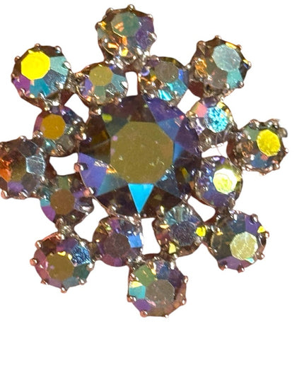 Vintage 1950s Continental purple AB Iridescent Crystal Flower Brooch silver
