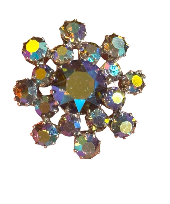 Vintage 1950s Continental purple AB Iridescent Crystal Flower Brooch silver
