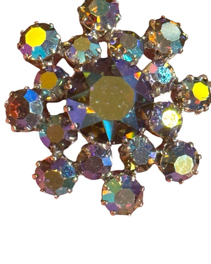 Vintage 1950s Continental purple AB Iridescent Crystal Flower Brooch silver