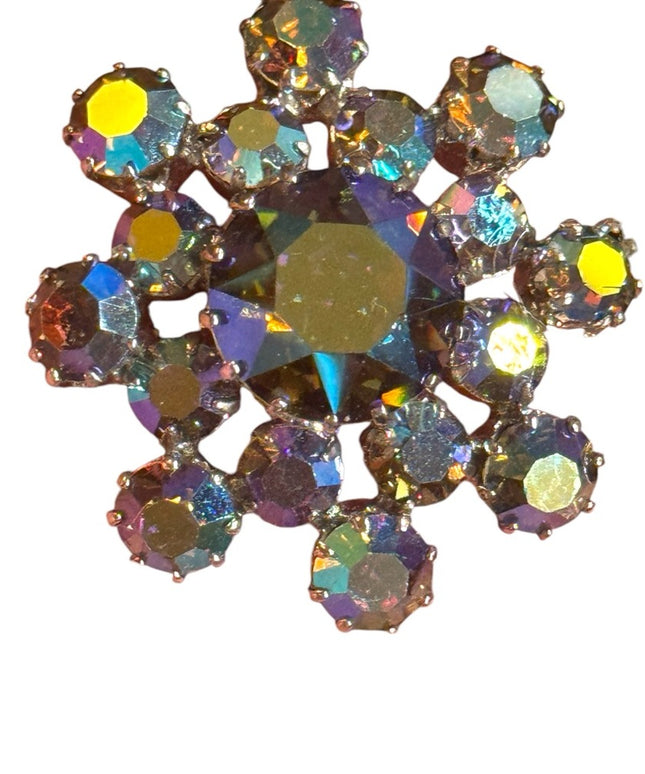 Vintage 1950s Continental purple AB Iridescent Crystal Flower Brooch silver