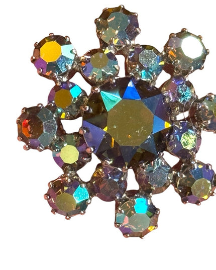 Vintage 1950s Continental purple AB Iridescent Crystal Flower Brooch silver