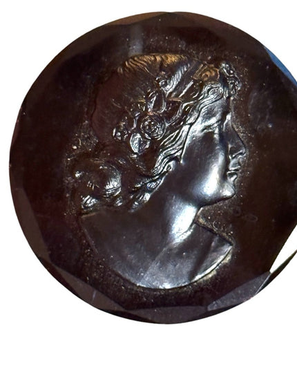 Antique Black Jet carved Glass mourning round Cameo Brooch