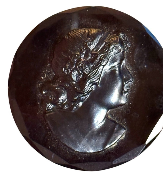 Antique Black Jet carved Glass mourning round Cameo Brooch