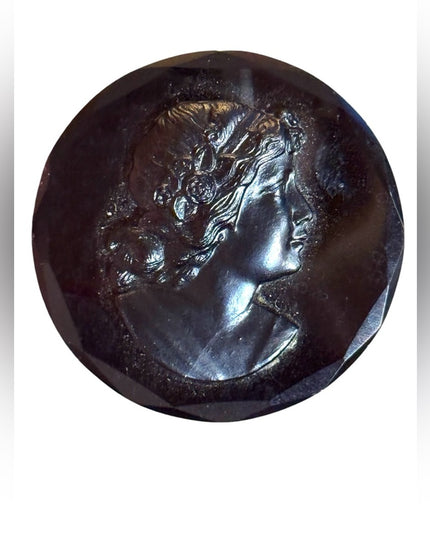 Antique Black Jet carved Glass mourning round Cameo Brooch