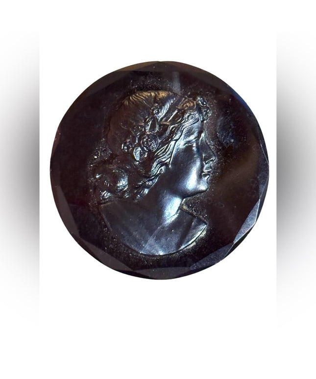 Antique Black Jet carved Glass mourning round Cameo Brooch