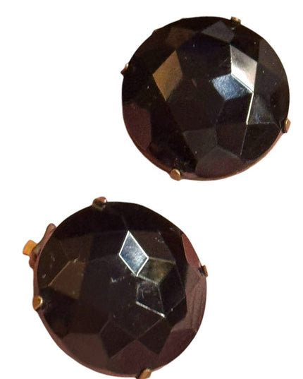 Antique black Jet Victorian Elegant Black Stud faceted clip on Earrings