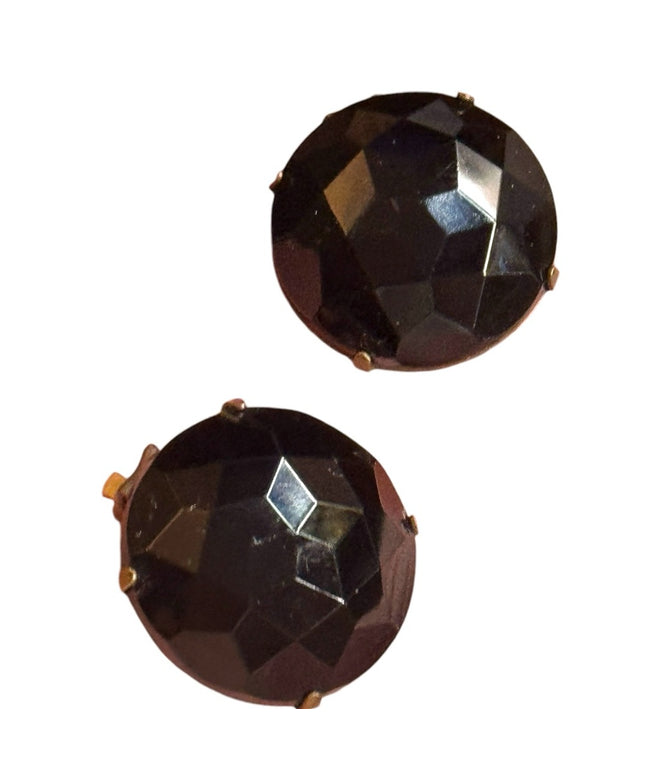 Antique black Jet Victorian Elegant Black Stud faceted clip on Earrings