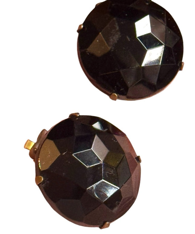 Antique black Jet Victorian Elegant Black Stud faceted clip on Earrings