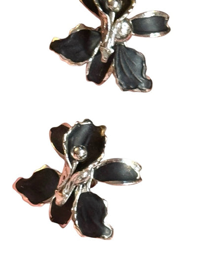 Vintage orchid black & silver screw back earrings 1960s