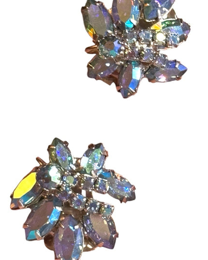 Vintage Continental AB crystal silver finish clip on earrings