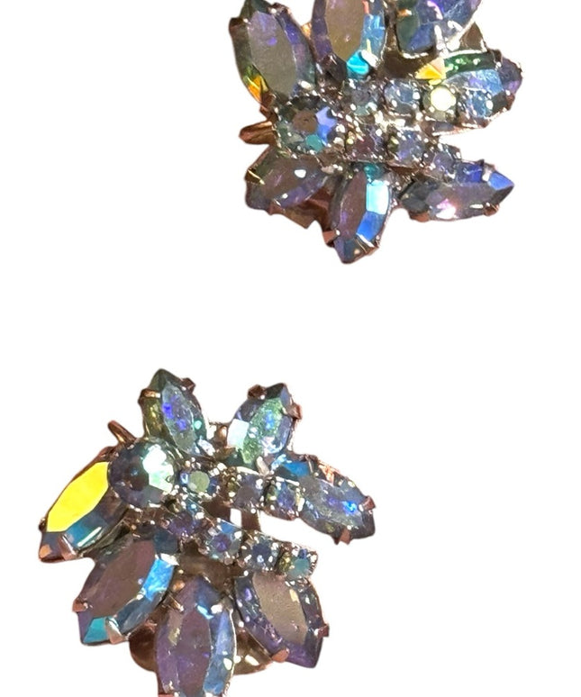 Vintage Continental AB crystal silver finish clip on earrings