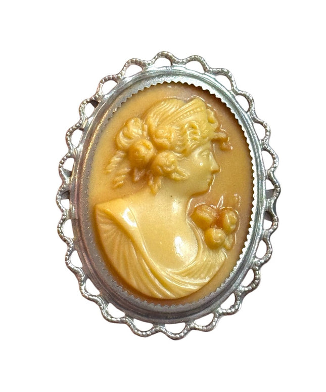 Antique Early 1900 Celluloid Plastic hand finished cameo brooch