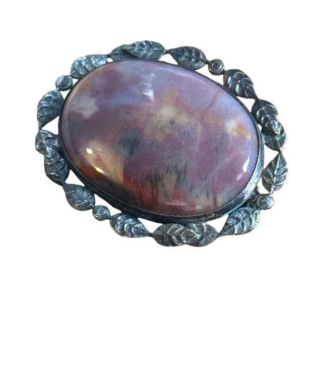 Antique Elegant sterling Silver Purple agate Brooch leafy bezel