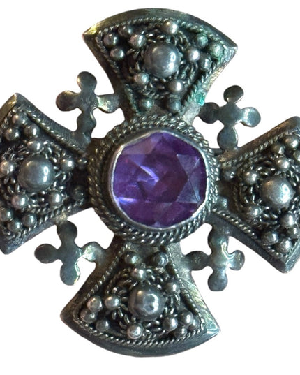 Antique Jerusalem 925 Sterling ornate Amethyst Cross Crusaders RARE Pendant