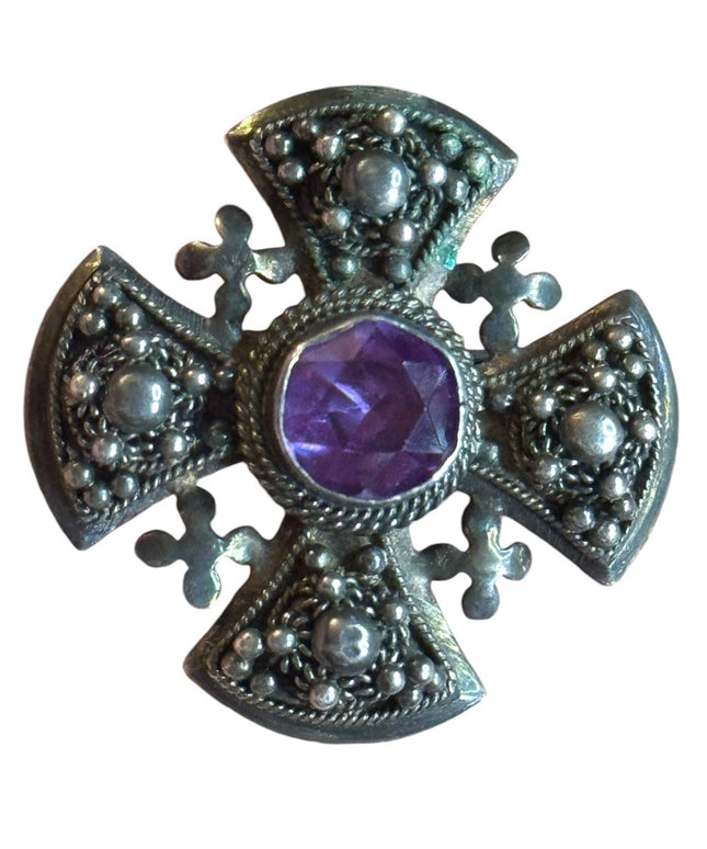 Antique Jerusalem 925 Sterling ornate Amethyst Cross Crusaders RARE Pendant