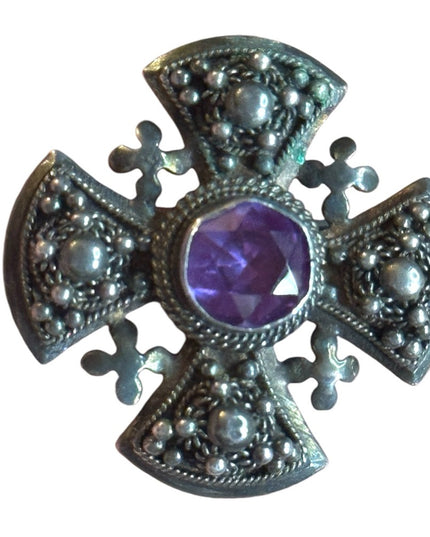 Antique Jerusalem 925 Sterling ornate Amethyst Cross Crusaders RARE Pendant