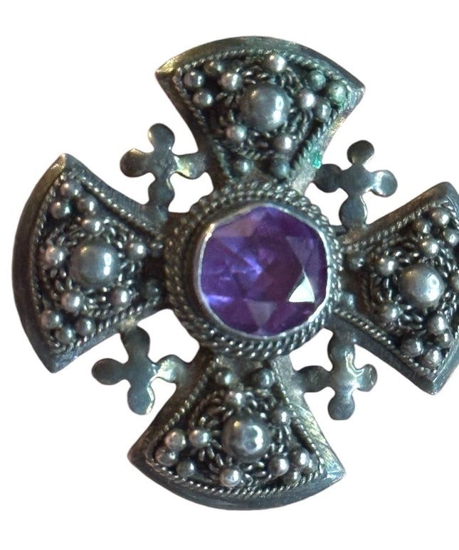 Antique Jerusalem 925 Sterling ornate Amethyst Cross Crusaders RARE Pendant