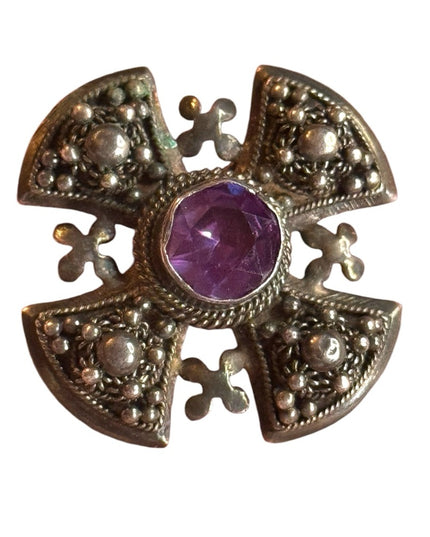 Antique Jerusalem 925 Sterling ornate Amethyst Cross Crusaders RARE Pendant