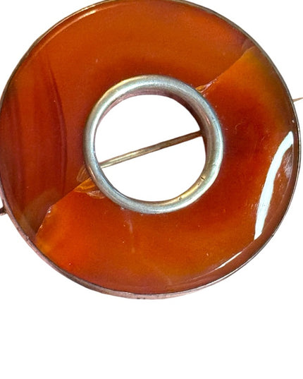 Antique Scottish agate round donut Circular Brooch sterling silver 925