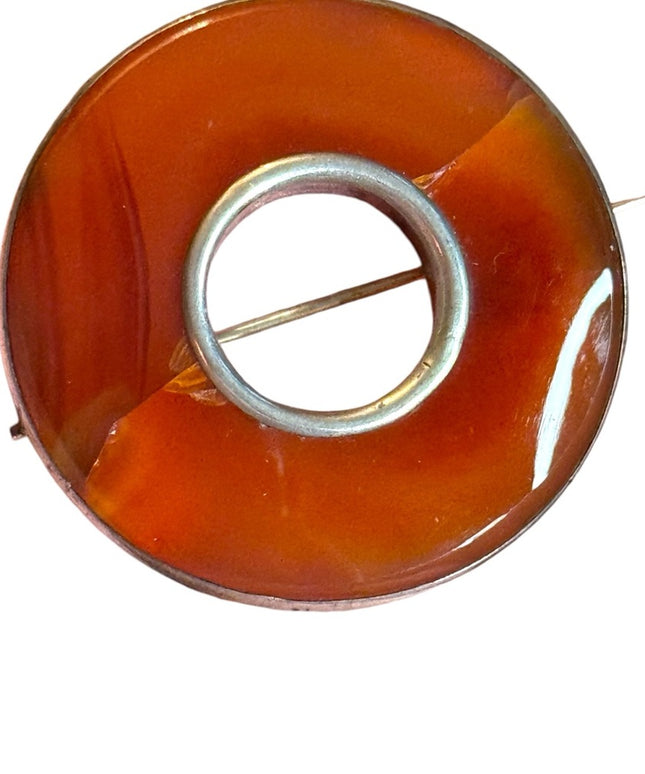 Antique Scottish agate round donut Circular Brooch sterling silver 925
