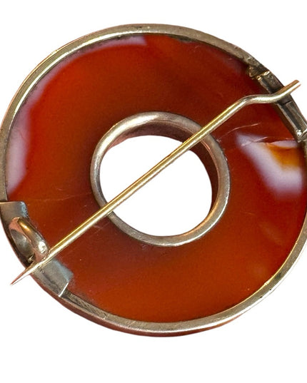 Antique Scottish agate round donut Circular Brooch sterling silver 925