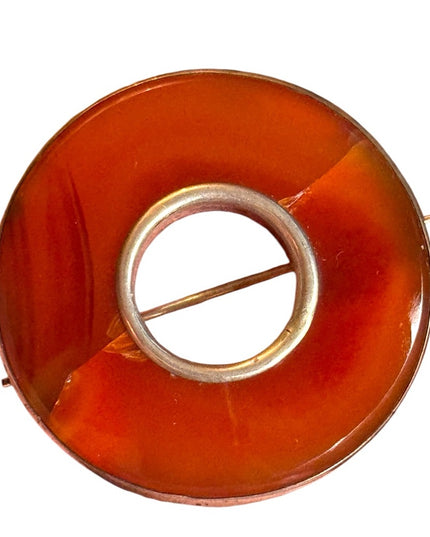 Antique Scottish agate round donut Circular Brooch sterling silver 925