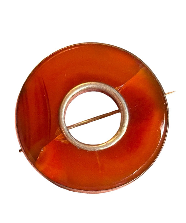 Antique Scottish agate round donut Circular Brooch sterling silver 925