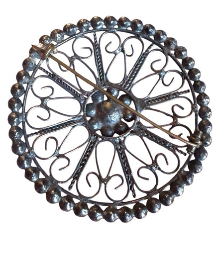 Antique art deco Silver Filigree rhinstone round Brooch
