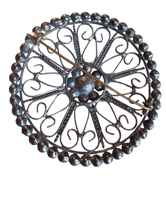 Antique art deco Silver Filigree rhinstone round Brooch