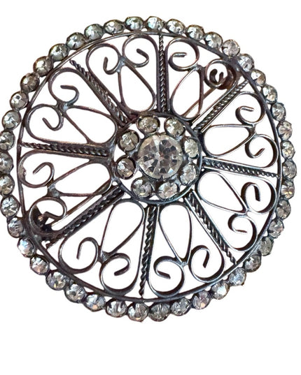 Antique art deco Silver Filigree rhinstone round Brooch
