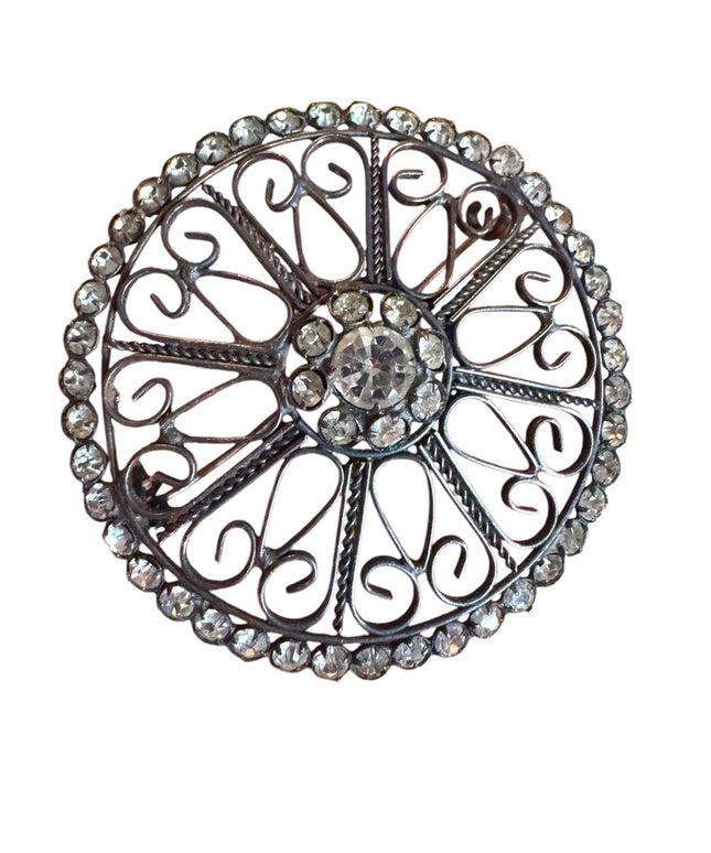 Antique art deco Silver Filigree rhinstone round Brooch